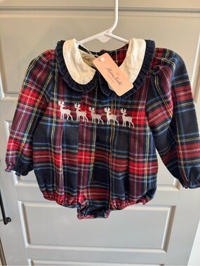 NWT Baby Plaid Reindeer Romper Bubble with Peter Pan Collar